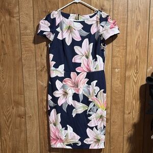 Navy Floral Midi Dress with Pink Accents